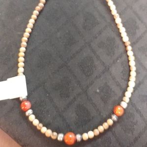 Handcraft Wood & Coral & Silver Beaded Necklace